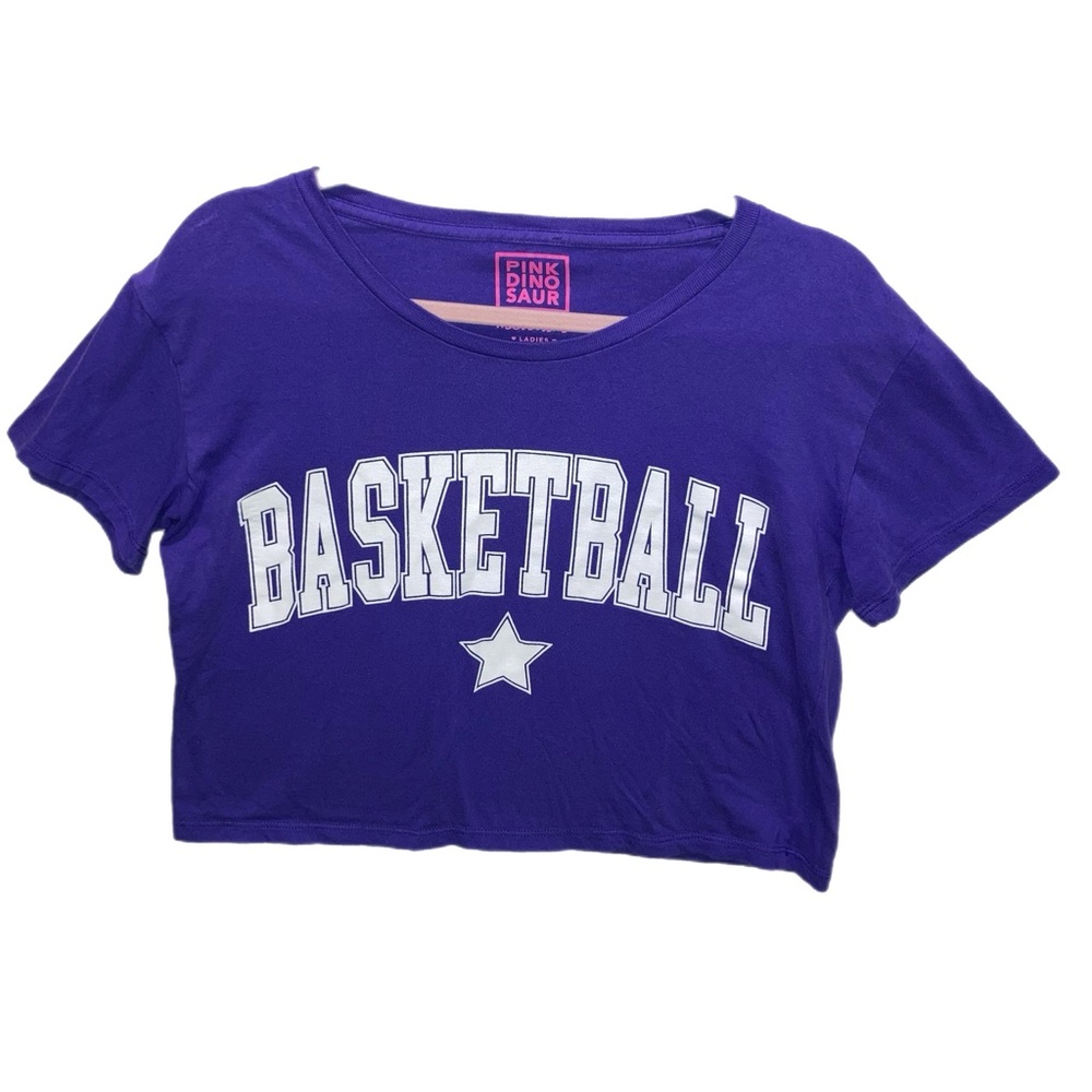 Pink Dinosaur M Crop Purple Tee white font "Basketball" and star 0846